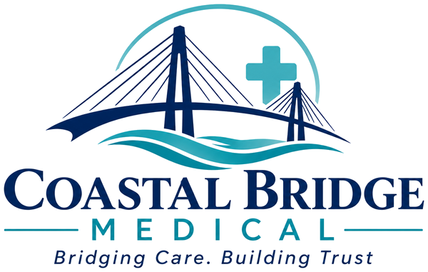 Coastal Bridge Medical logo: a suspension bridge over water with a medical cross. Bridging Care. Building Trust.